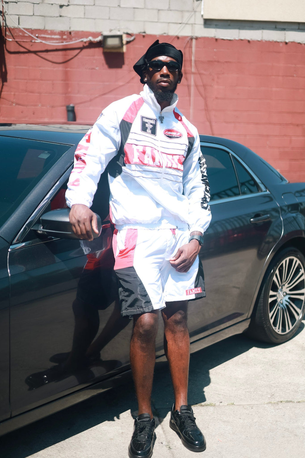 Family Takes Care of Family White Black Red windbreaker set full body