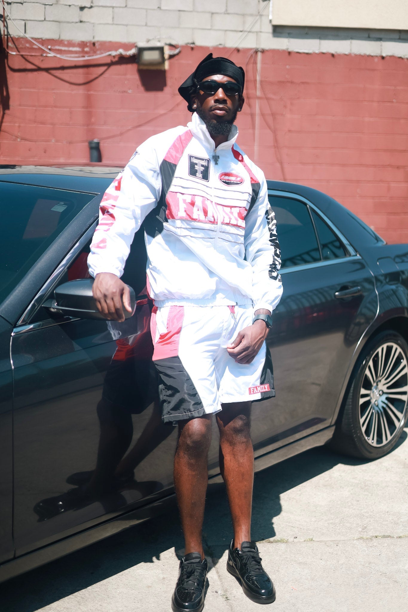 Family Takes Care of Family White Black Red windbreaker set full body